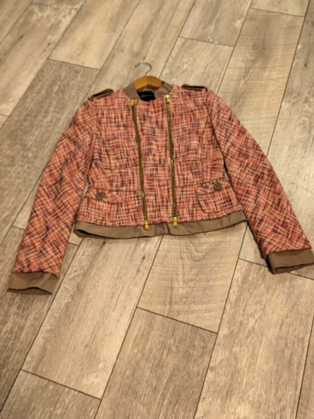 BCBGMAXAZRIA Pink Tweed Moto Jacket S Barbiecore Military Chic Y2K Glam EUC - Picture 8 of 12